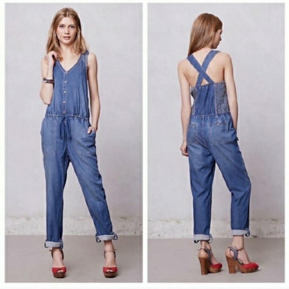 Anthropologie Holding Horses Denim Overalls Chambray Eyelet Jumpsuit Pockets